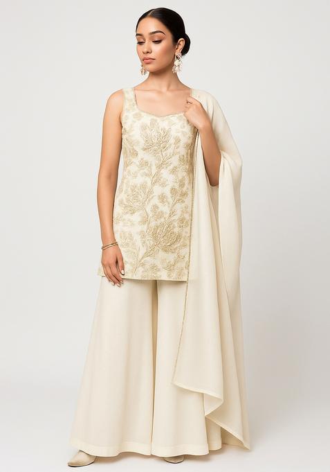 Beige Embroidered Tissue Kurta Set