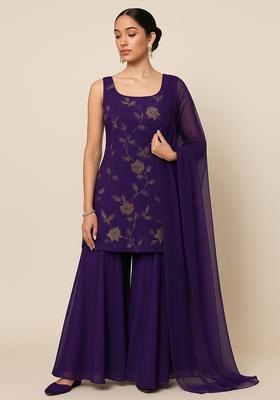 Purple Embroidered Tissue Kurta Set