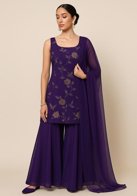 Purple Embroidered Tissue Kurta Set