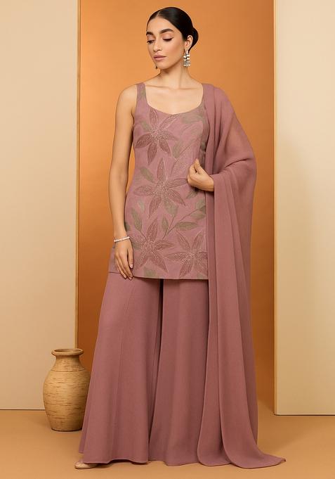 Pink Embroidered Tissue Kurta Set