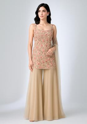 Peach Embroidered Net Kurta Set