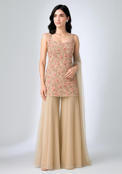 Peach Embroidered Net Kurta Set