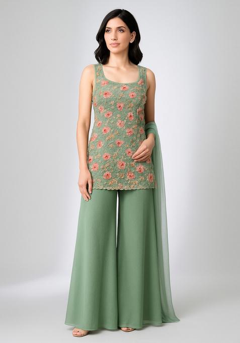 Pista Green Embroidered Net Kurta Set