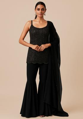 Grey Embroidered Net Sharara Set