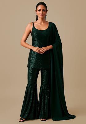 Green Sequin Net Sharara Set