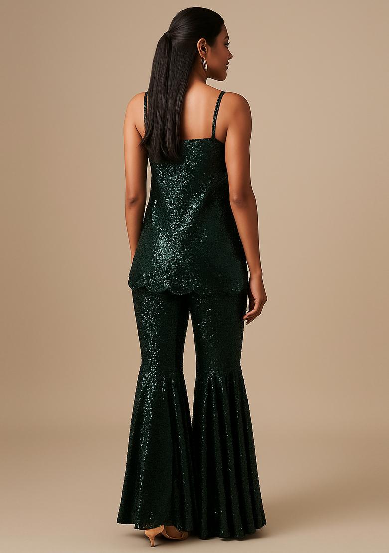Green Sequin Net Sharara Set
