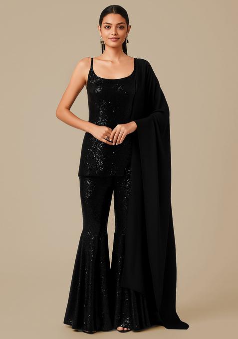 Black Sequin Net Sharara Set