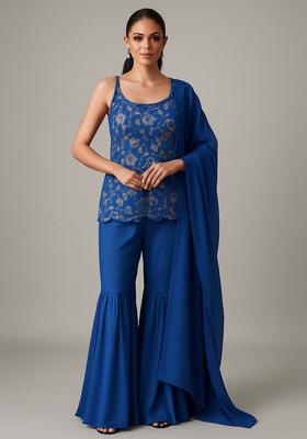 Blue Embroidered Tussar Sharara Set