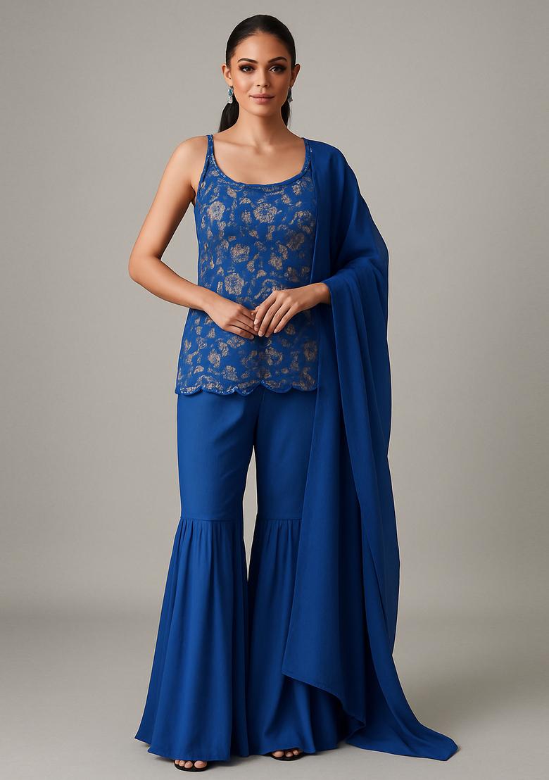 Blue Embroidered Tussar Sharara Set - Indya