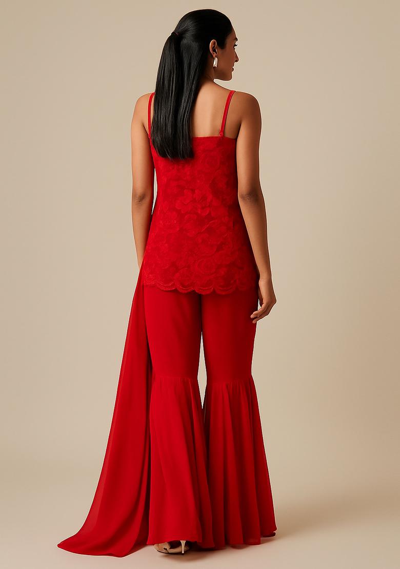 Red Embroidered Net Sharara Set