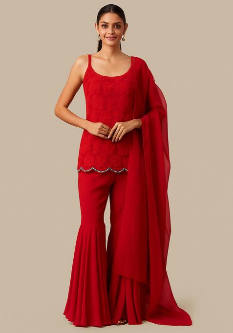Red Embroidered Net Sharara Set