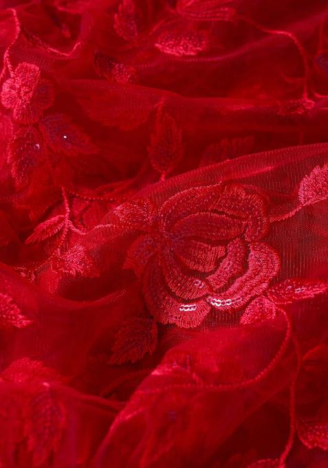 Red Embroidered Net Sharara Set