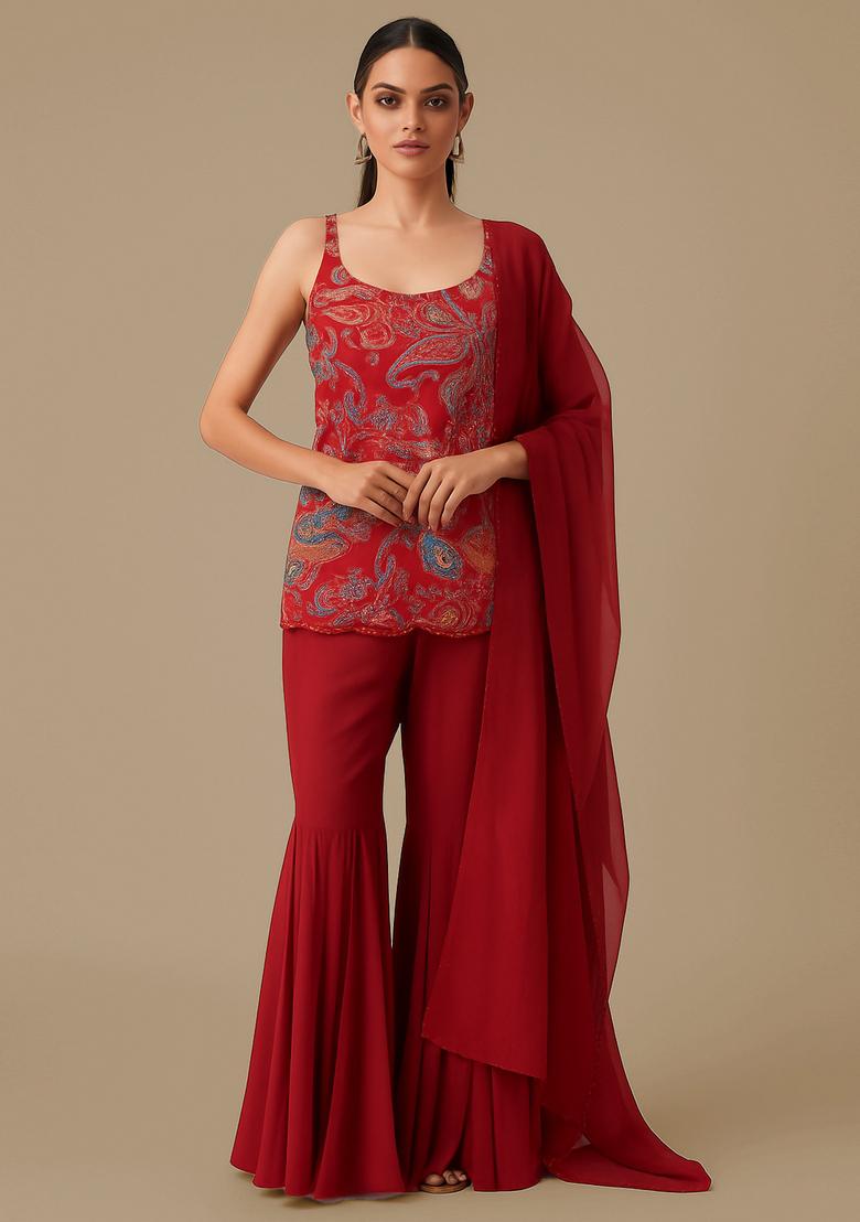 Red Embroidered Georgette Sharara Set