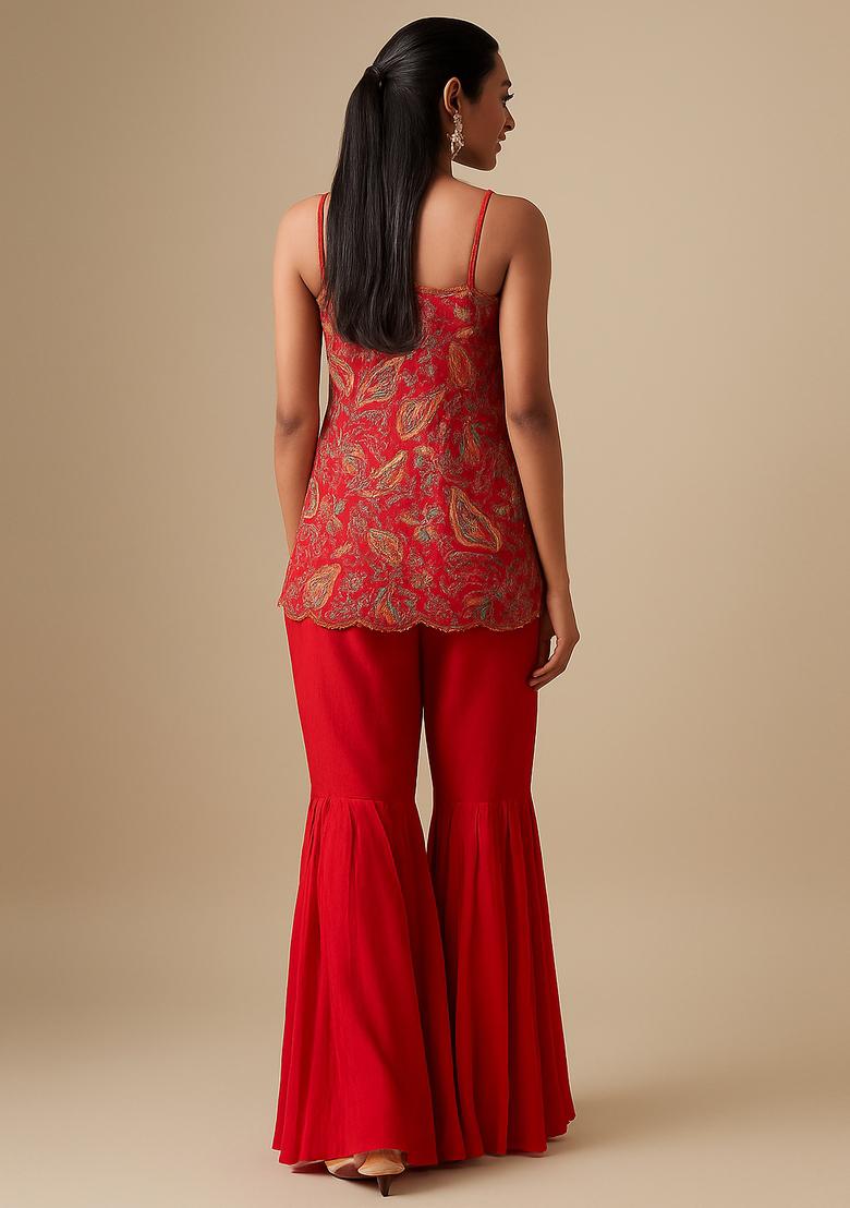 Red Embroidered Georgette Sharara Set