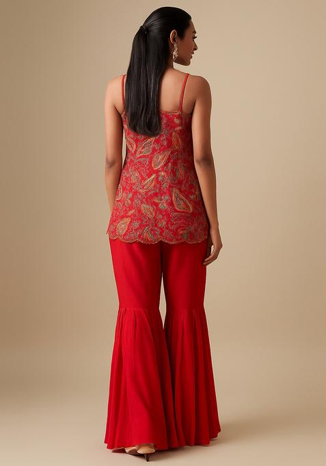 Red Embroidered Georgette Sharara Set