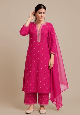 Hot Pink Sequin Embroidered Raw Silk Kurta Set