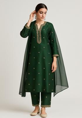 Green Sequin Embroidered Raw Silk Kurta Set