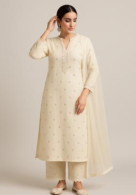 Off White Sequin Embroidered Raw Silk Kurta Set
