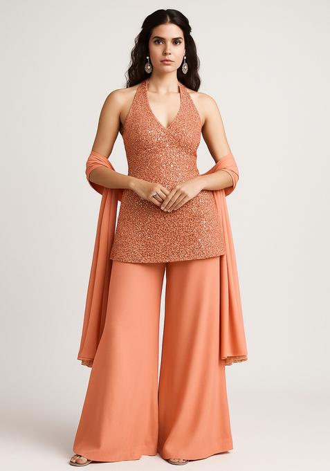 Peach Embroidered Georgette Sharara Set