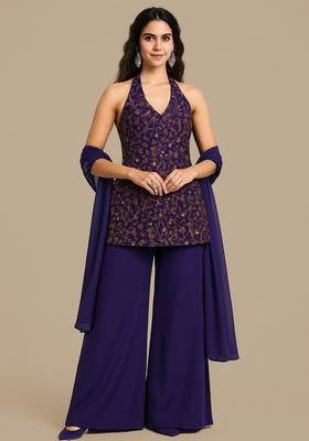 Violet Embroidered Raw Silk Sharara Set
