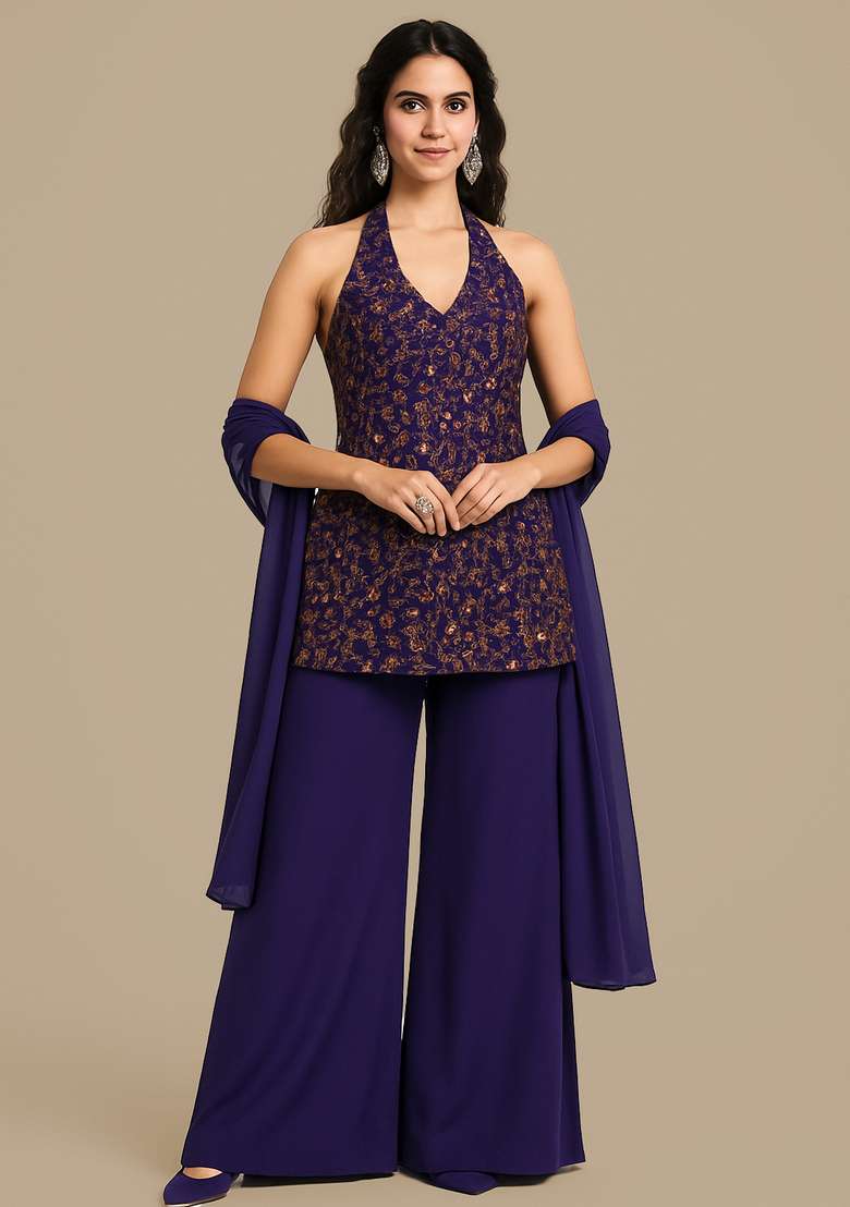 Violet Embroidered Raw Silk Sharara Set - Indya