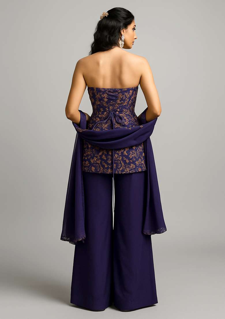 Violet Embroidered Raw Silk Sharara Set - Indya