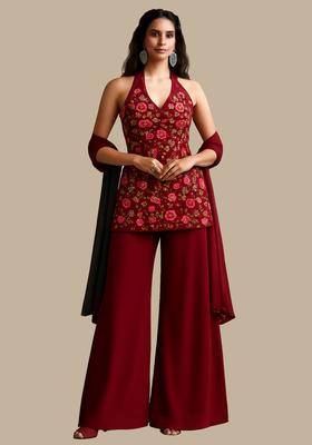 Wine Embroidered Georgette Sharara Set