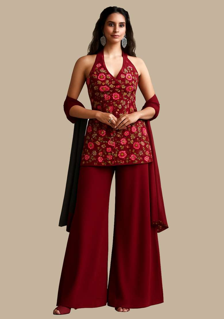 Wine Embroidered Georgette Sharara Set - Indya
