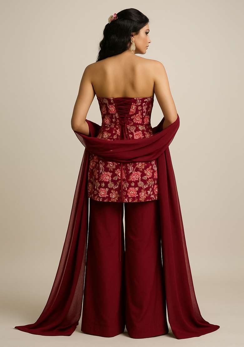 Wine Embroidered Georgette Sharara Set - Indya