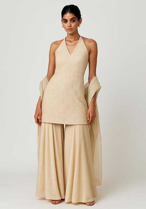 Off White Printed Net Sharara Set