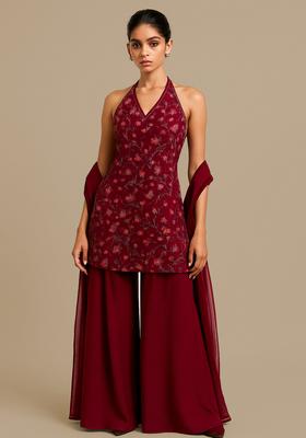 Maroon Sequin Embroidered Georgette Sharara Set