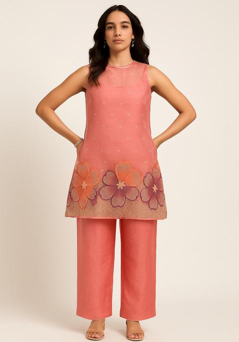 Peach Embroidered Organza Kurta Set