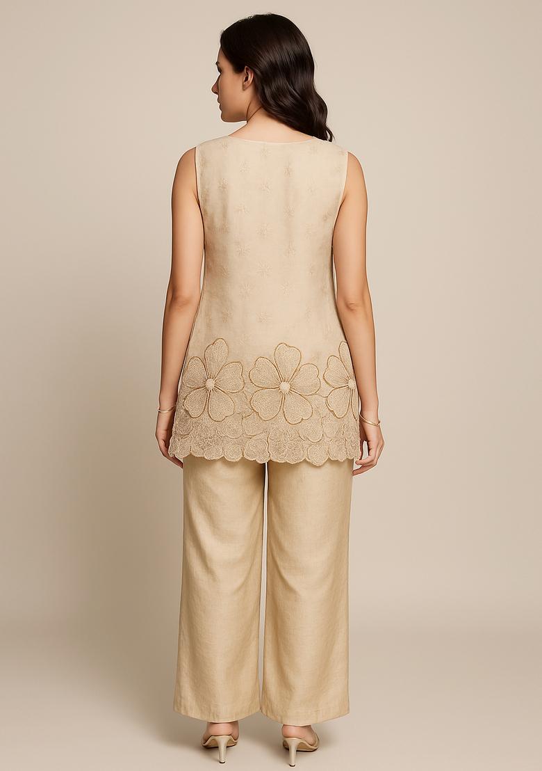 Beige Embroidered Organza Kurta Set - Indya