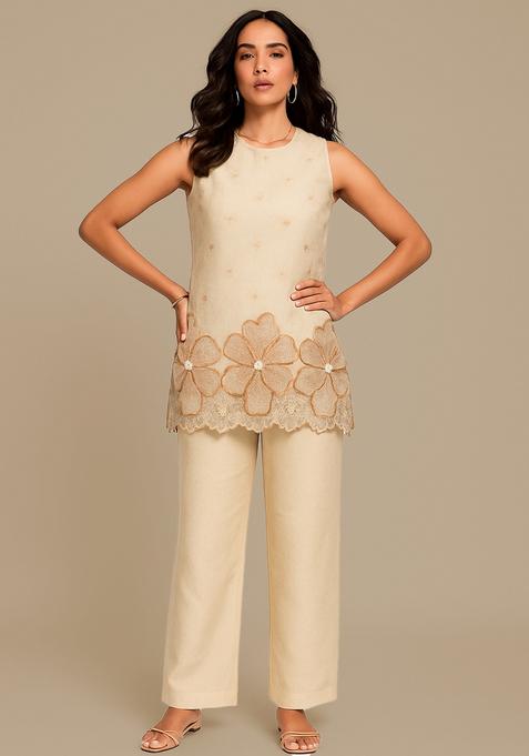 Beige Embroidered Organza Kurta Set