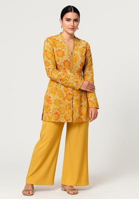 Yellow Embroidered Crepe Kurta Set