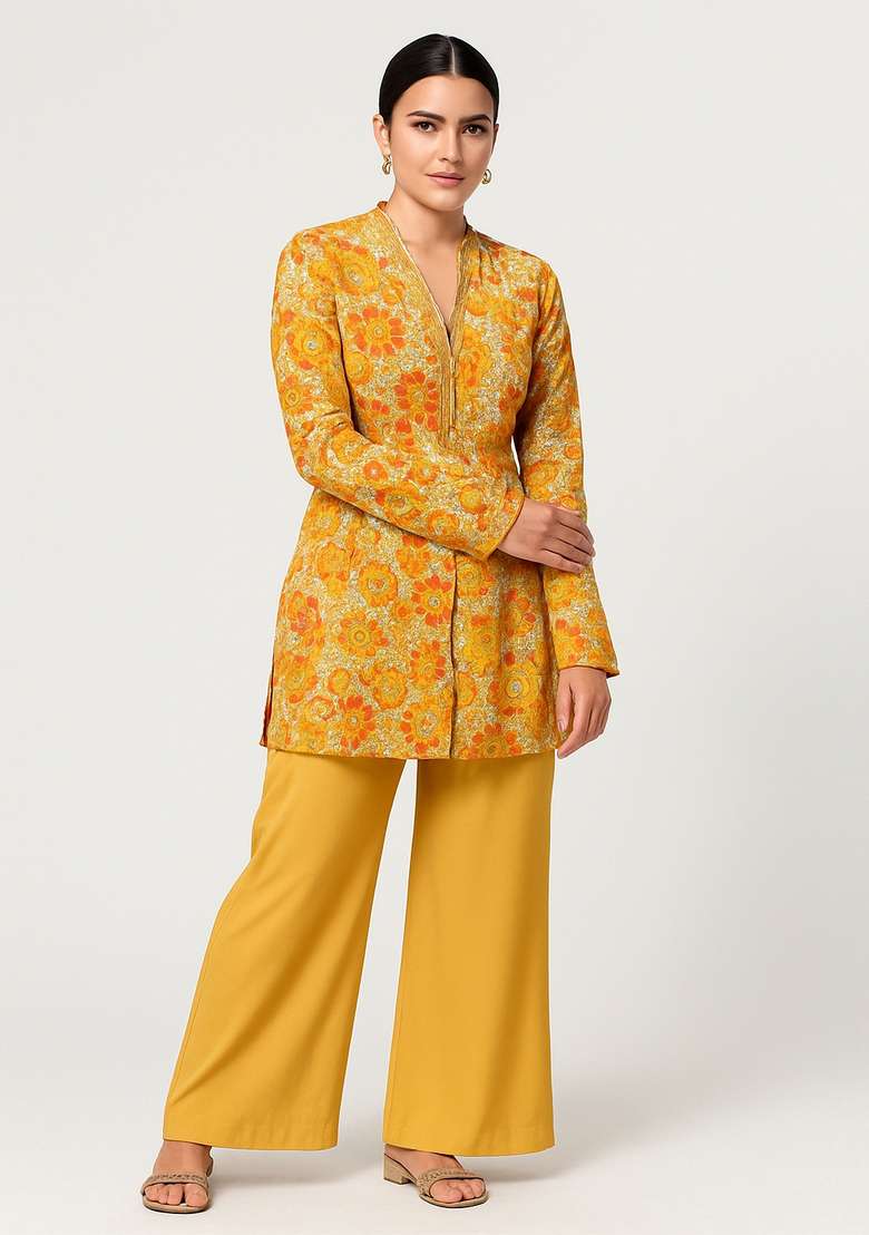 Yellow Floral Print Crepe Co Ord Set - Indya