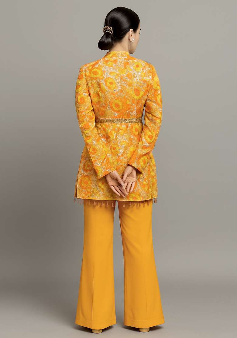 Yellow Floral Print Crepe Co Ord Set - Indya
