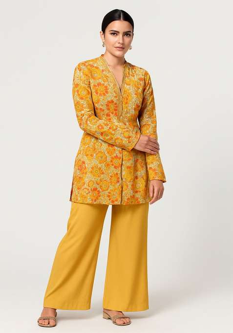Yellow Floral Print Crepe Co Ord Set