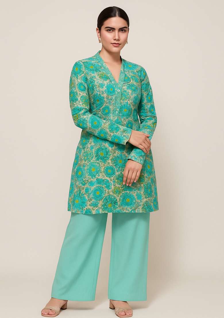 Sea Green Printed Crepe Straight Kurta Set - Indya