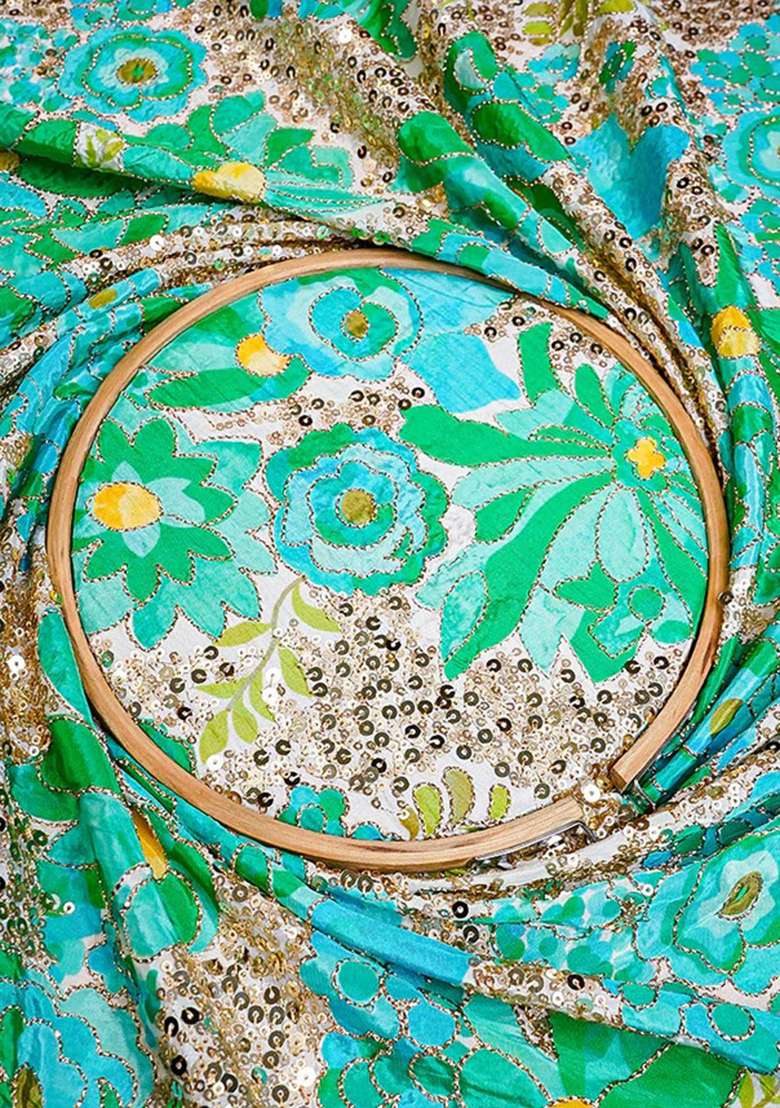 Sea Green Printed Crepe Straight Kurta Set - Indya