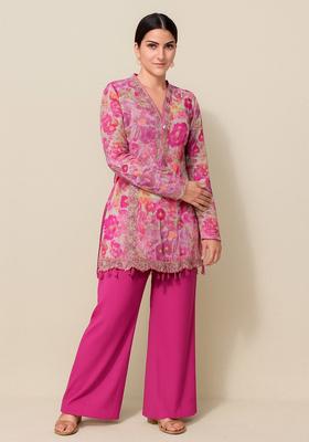 Pink Embroidered Crepe Kurta Set