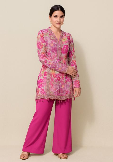 Pink Embroidered Crepe Kurta Set