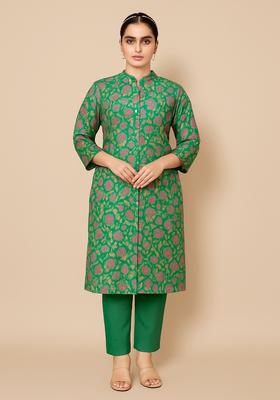 Bottle Green Jacquard Brocade Kurta Set