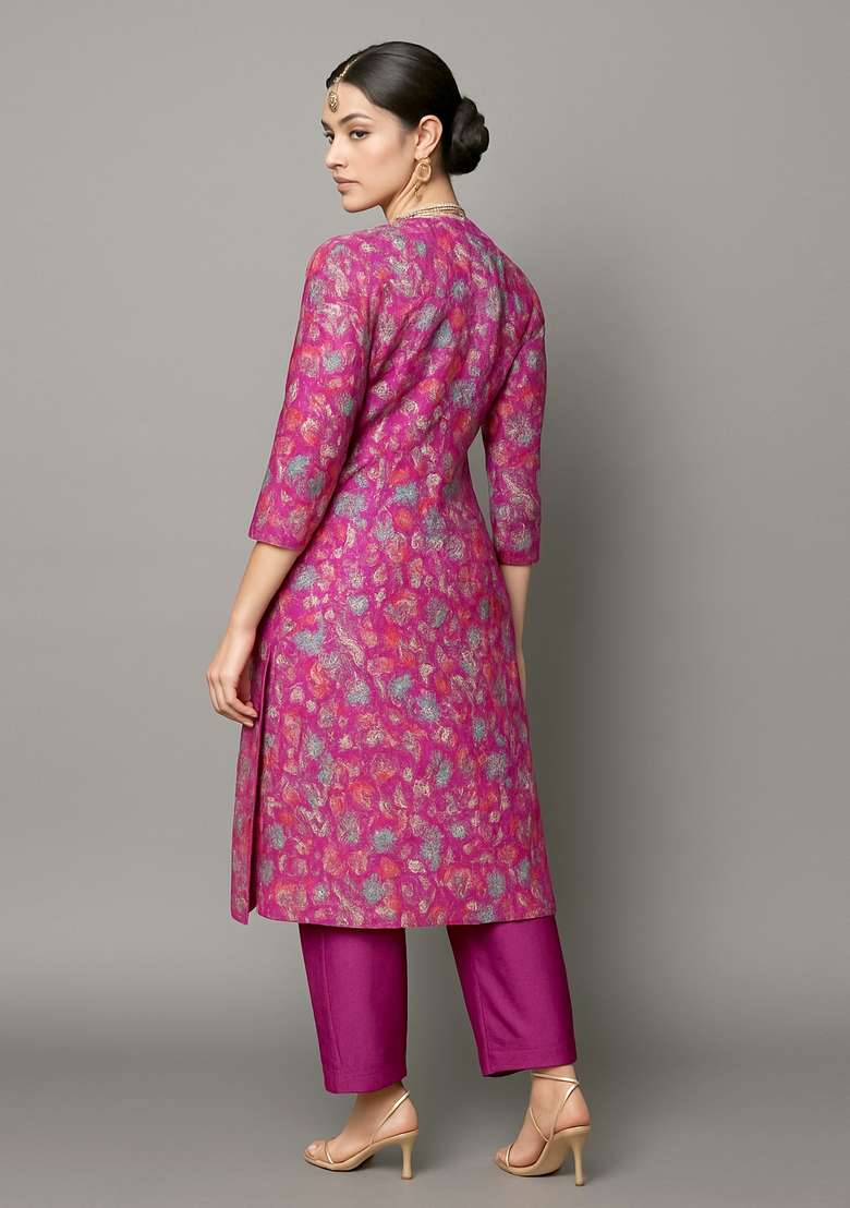 Purple Printed Jacquard Straight Kurta Set - Indya