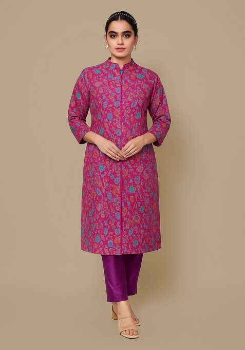Purple Printed Jacquard Straight Kurta Set