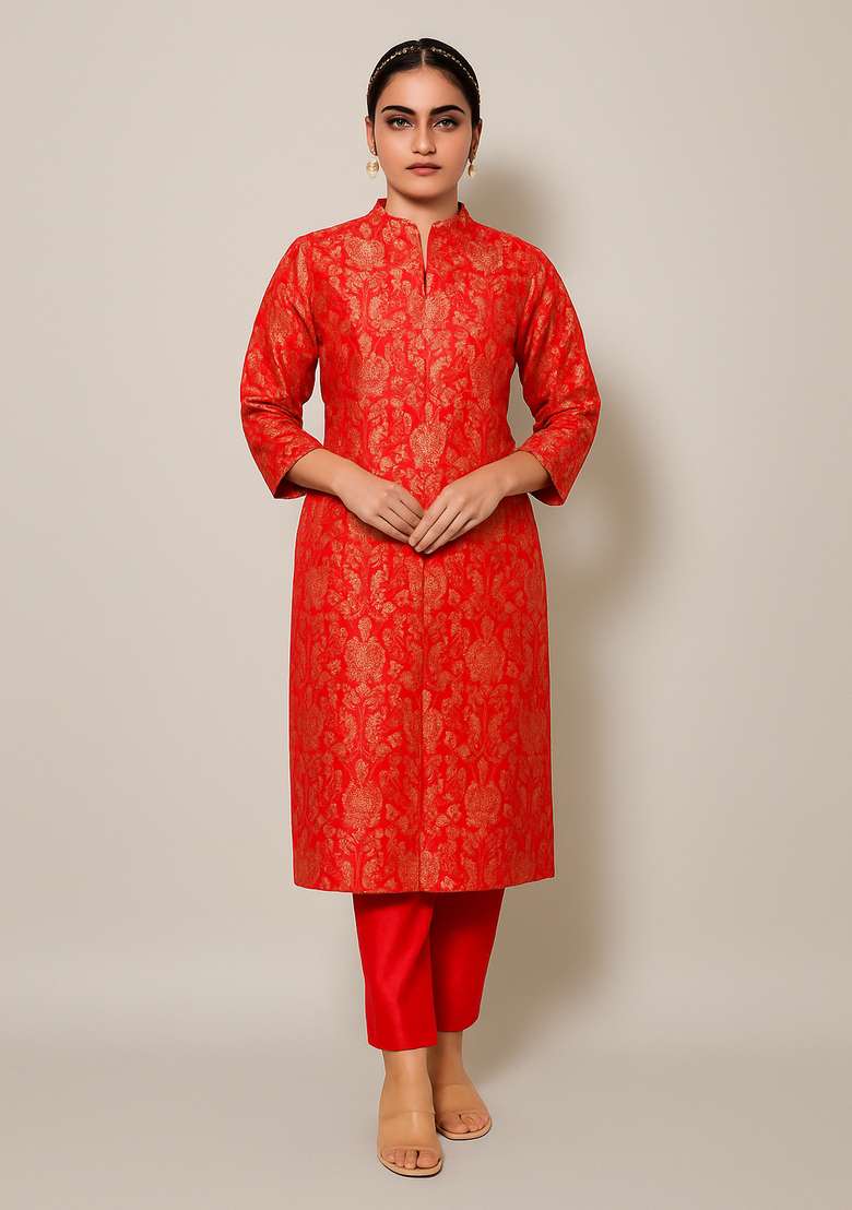 Red Jacquard Jacquard Straight Kurta Set - Indya