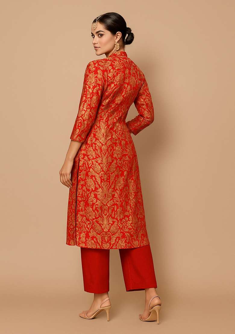 Red Jacquard Jacquard Straight Kurta Set - Indya