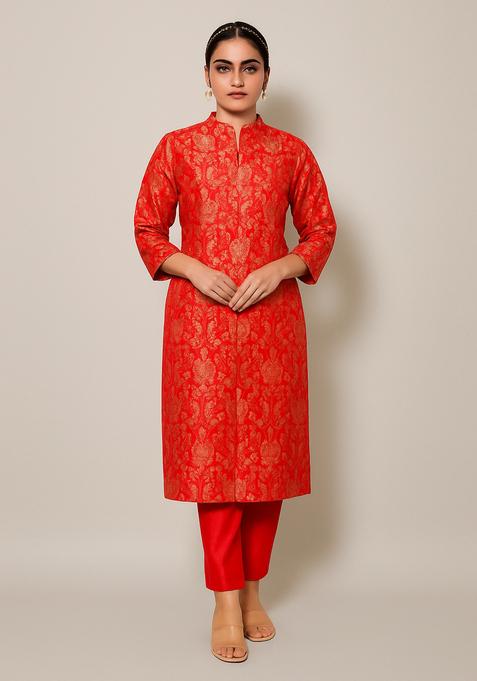 Red Jacquard Brocade Kurta Set