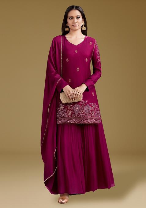 Pink Embroidered Satin Kurta Set