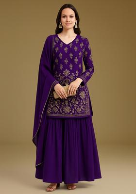 Purple Embroidered Satin Kurta Set
